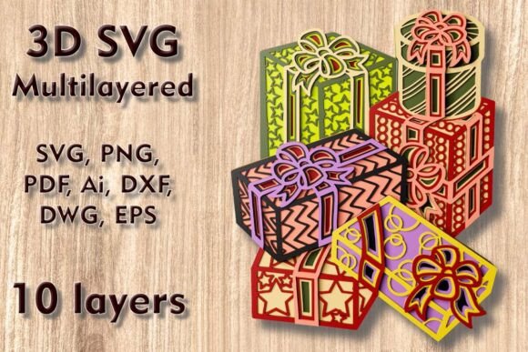Christmas Presents Multilayered 3D SVG for Laser Cutting