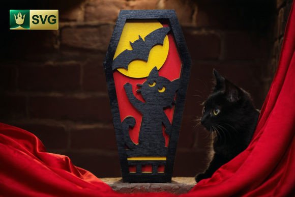Halloween Coffin V7 Cat and Bat SVG